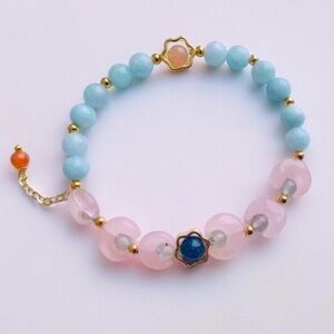 Carved moon  Natural Pink Rose Quartz &Aquarium (March Birthstone)  brac…
